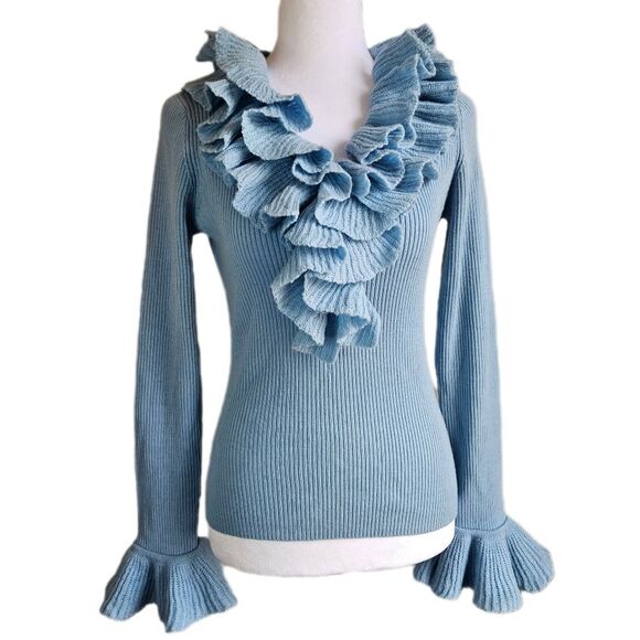 Yarns by Mododoc Pastel Blue Ruffle Wool Top Womens Medium Bell Sleeve Y2K Fairy - Picture 2 of 11